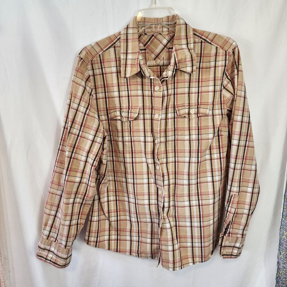 TOMMY HILFIGER Brown Red Plaid Metallic Gold Button Up Long Sleeve Blouse Size M